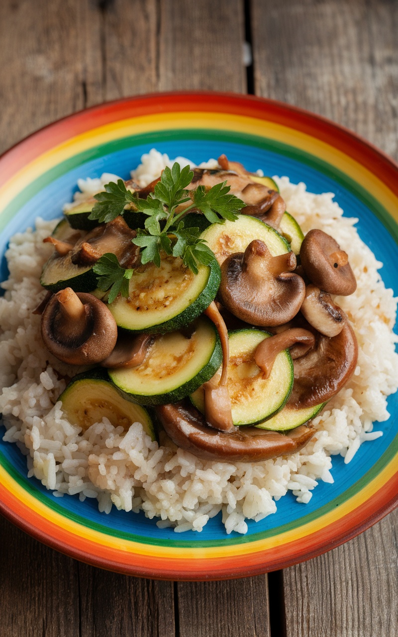 A fresh zucchini and mushroom stir-fry served over rice, garnished with parsley on a rustic wooden table.
